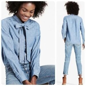 Lucky Brand Light Blue Chambray Button-Down Tie-Neck Shirt